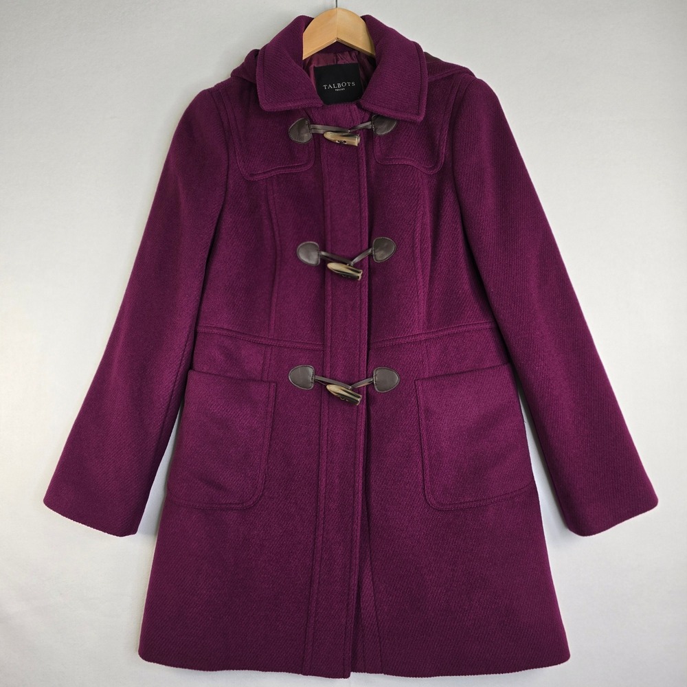 Talbots Womens Plum Purple Wool Blend Hooded Toggle Coat Quilted Lining Size 8